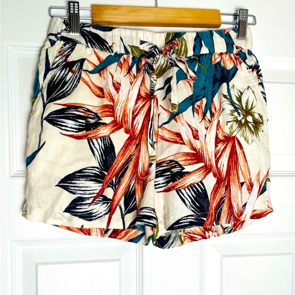 C&C California Cream High Waist Floral Shorts with Orange & Teal Accents
